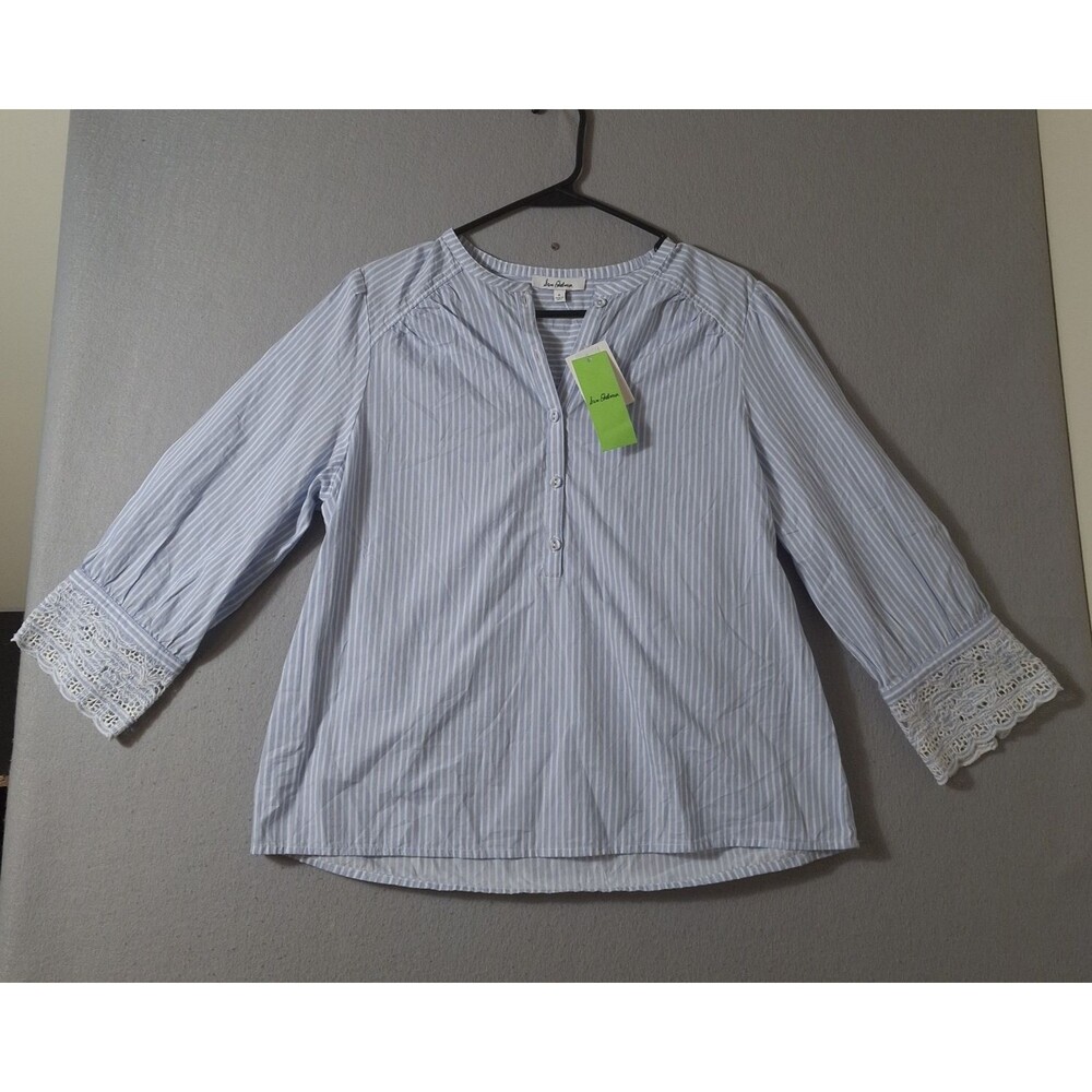 Sam Edelman Blouse Women Small Blue White Striped 3/4 Sleeve Lace Cuff Split NWT